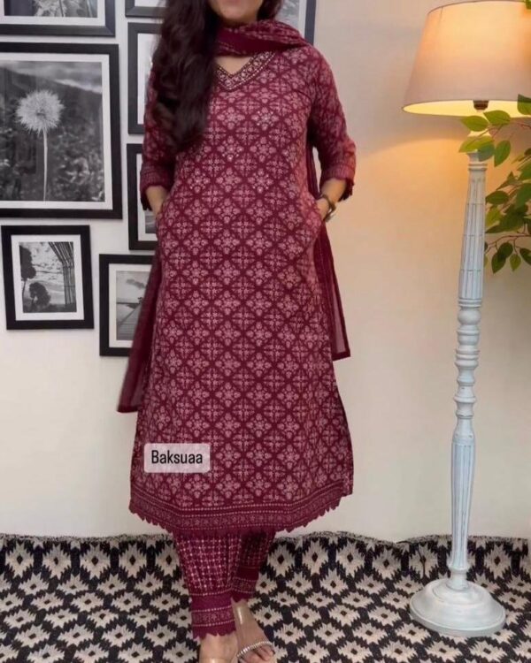 WINE COLOUR FLORAL COTTON AFGHANI SUIT SET – BANDHANI JAIPUR - Image 2