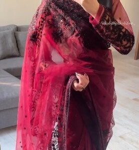 Raspberry Wine Floral Patterned Stone Work Saree – A Perfect Blend of Elegance and Glamour