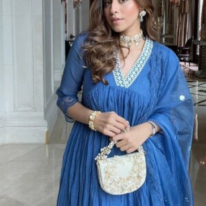 Blue Embroidered Chanderi Gathered Kurta with Cotton Pants