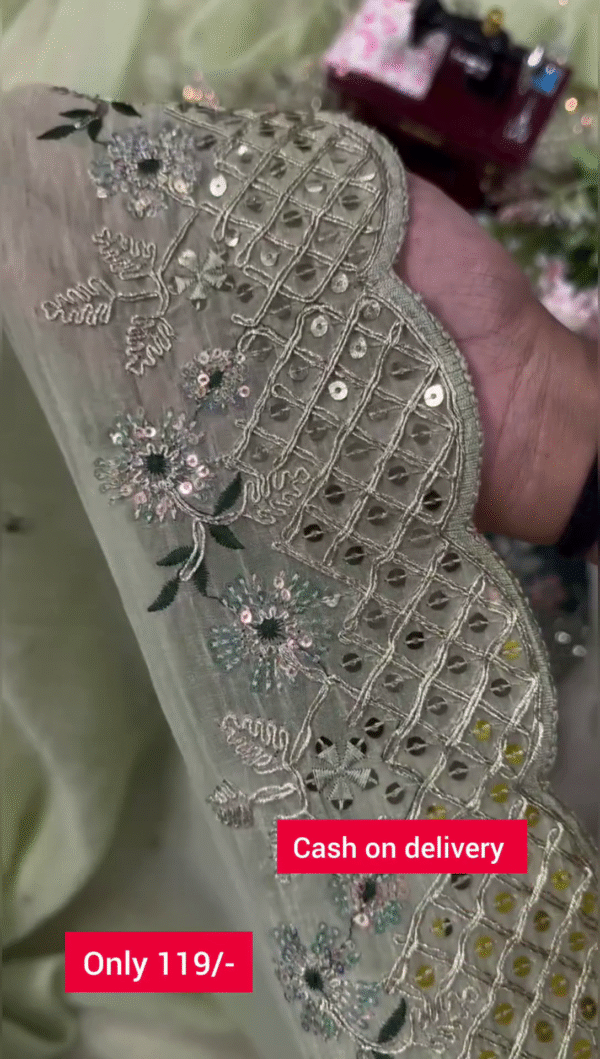LightGreen Green Georgette No Type Embroidered Free Size Wedding Dyed/ Washed Trendy Saree - Image 3