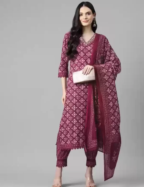 WINE COLOUR FLORAL COTTON AFGHANI SUIT SET – BANDHANI JAIPUR